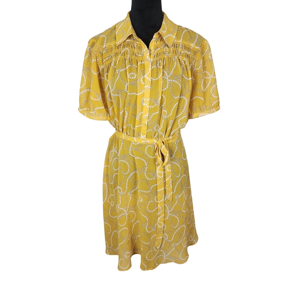 A NEW DAY Size Medium Sheer‎ Yellow Chiffon Chain & Pearls Print Belted Dress